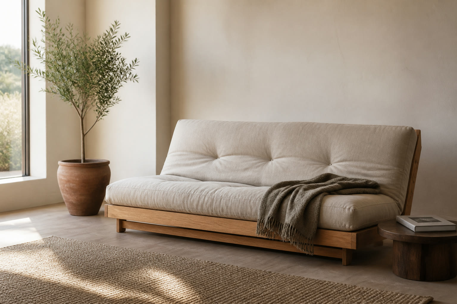 Oak-framed futon in a calm, light-filled living room