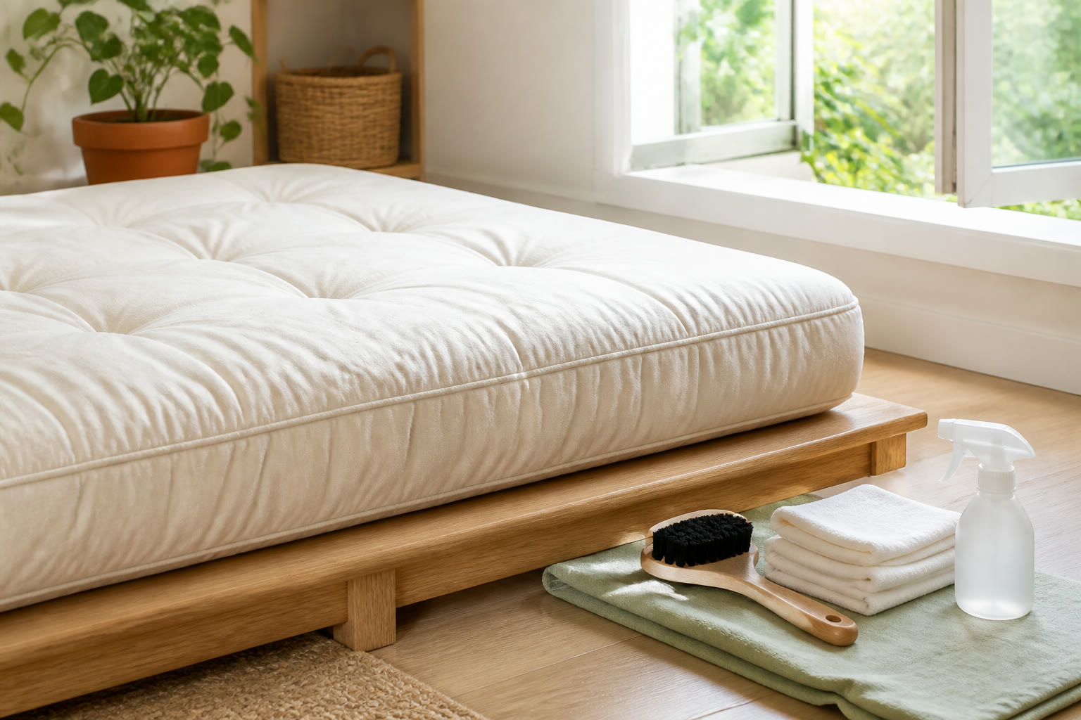 Cream futon with upholstery brush, cloths and unlabeled care spray by an open window